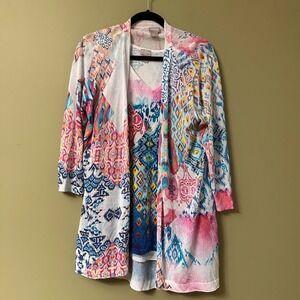 Chico's‎ Size 3 XL Boho Abstract Open Front Cardigan & Tank Top Set Ikat Ethnic
